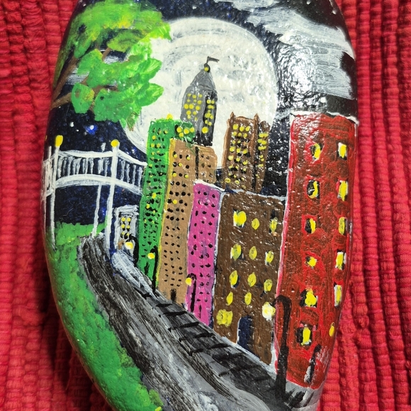 Hand-Painted Cityscape Art Painted Stone Rock - Picture 4 of 4